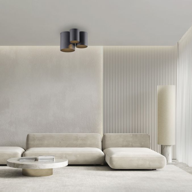 Pure, Deckenleuchte Point, dreiflammig Schwarz Raumbild, moderne Raumbeleuchtung