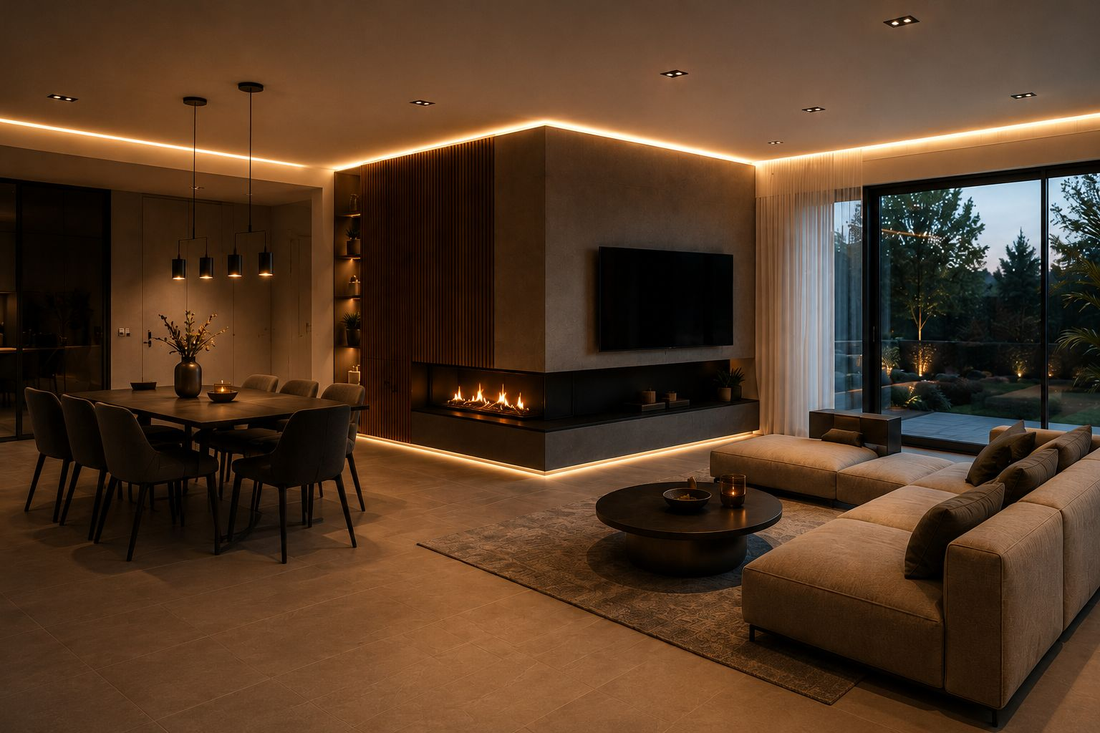 Architekturbeleuchtung mit Einbauspots und indirekten Lichtlinien im Wohnraum