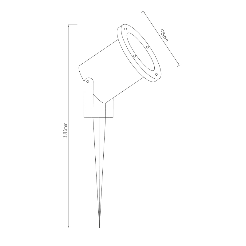 Technische Zeichnung der Spießleuchte Piki mit Maßen, Bodenlampe, Außenbeleuchtung