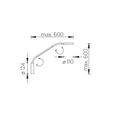 Technische Zeichnung der Thea Wandleuchte Flexarm, flexible Arm, max. 600mm, Durchmesser 124mm, 110mm Leuchtkopf
