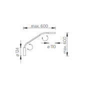 Technische Zeichnung der Thea Wandleuchte Flexarm, flexible Arm, max. 600mm, Durchmesser 124mm, 110mm Leuchtkopf