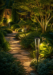 Les Jardins, Solar-Spießleuchte Tinka, Raumbild Garten Nacht