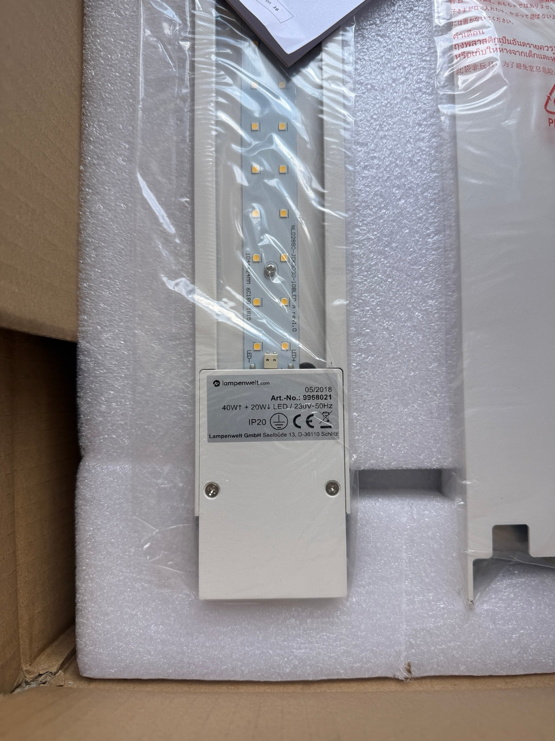 Typenschild der Arcchio Jolinda 2018 – Artikelnummer 9968021, 40 W plus 20 W, IP20
