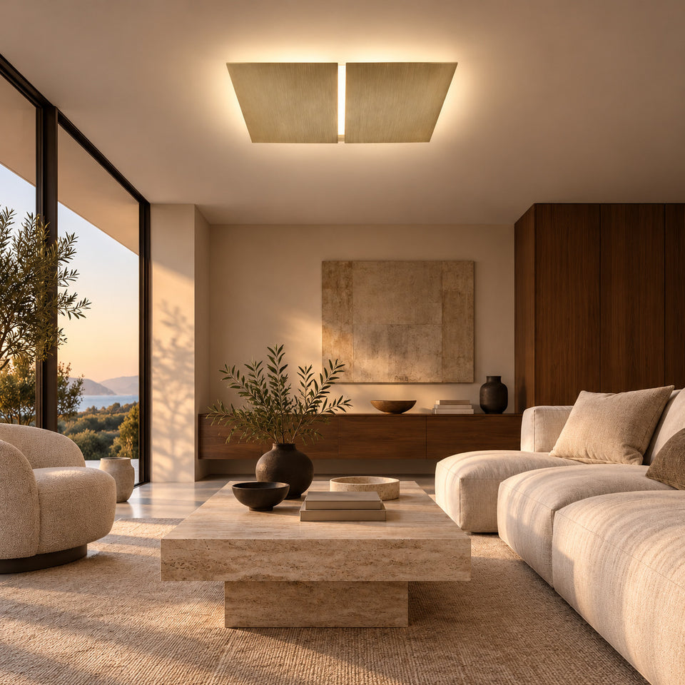 AI-generated interior example: Braga ACTO Square ceiling light in a living room, brushed champagne. Sliding version with direct and indirect light. Schematic lighting effect.